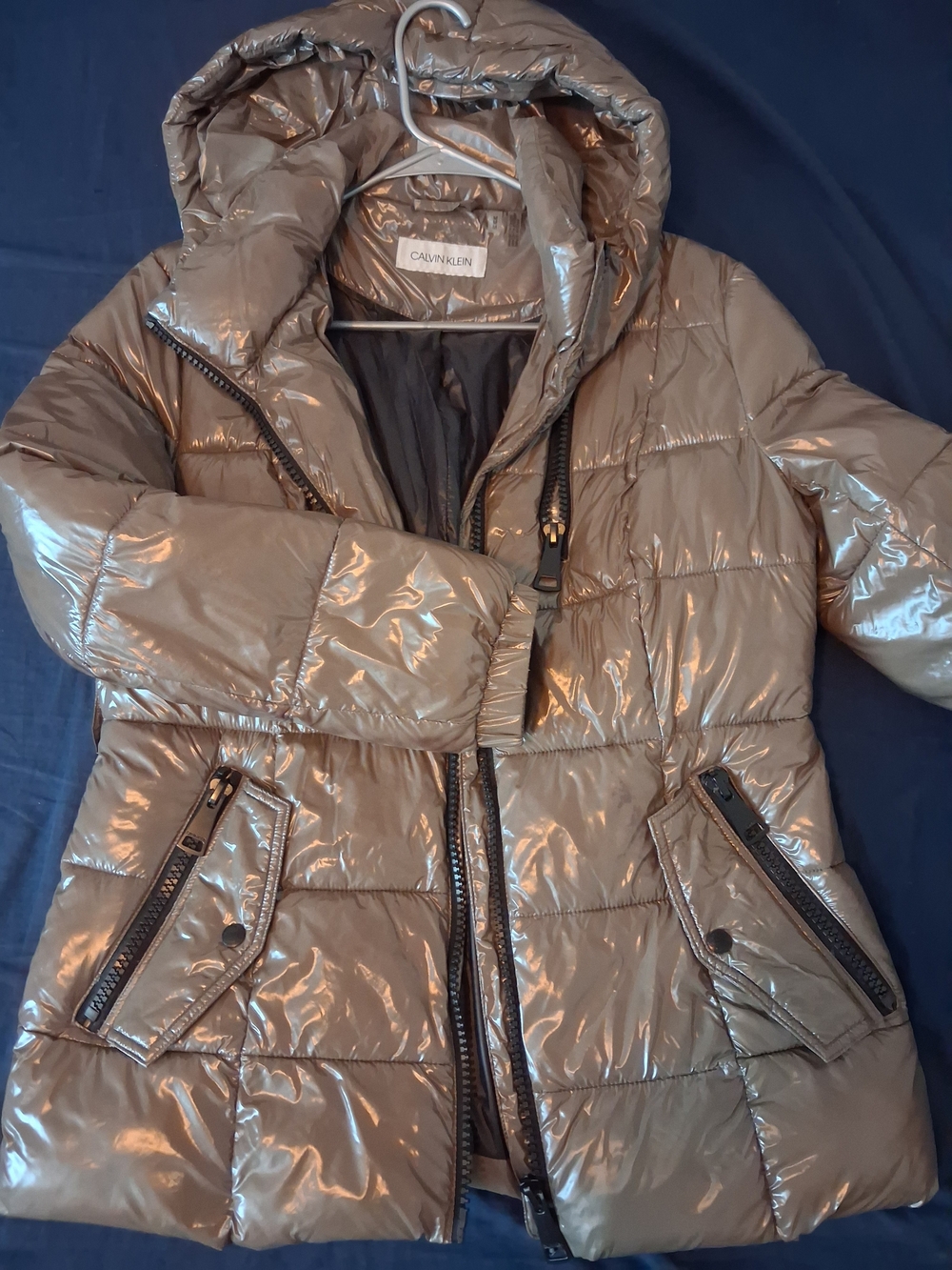 Calvin Klein Shiny Taupe Quilted Puffer Jacket with Hood